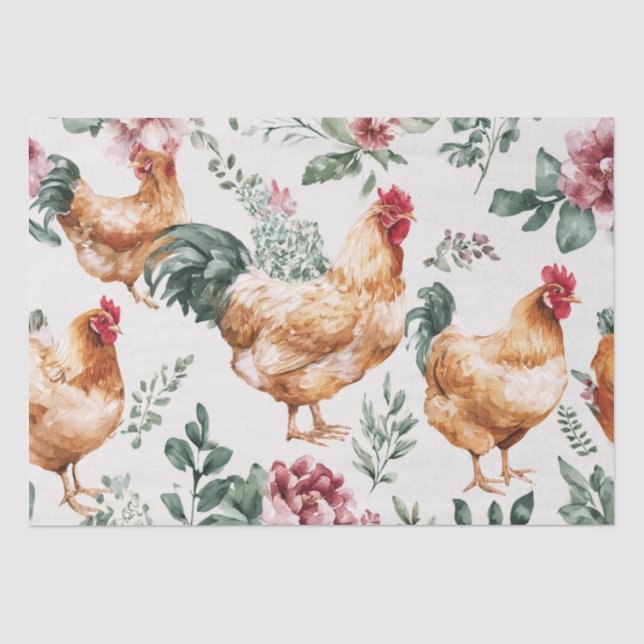 Papel De Seda Pollos de Granja y Patrón Botánico (Anverso)