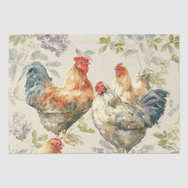 Papel De Seda Pollos de Granja y Patrón Botánico (Anverso)