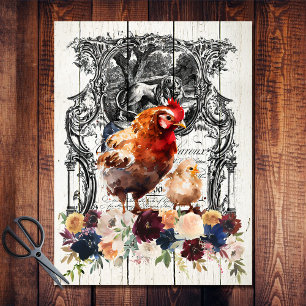 Papel De Seda Pollos Rhode Island Red Floral de Granja