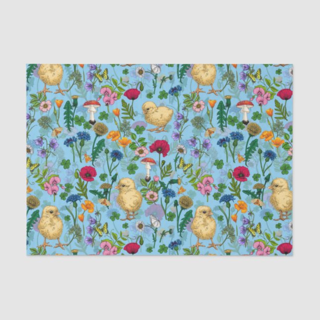 Papel De Seda Pollos y flores silvestres en azul bebé (Anverso)