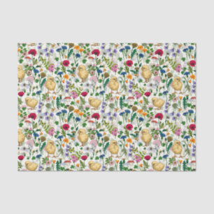 Papel De Seda Pollos y flores silvestres en blanco roto