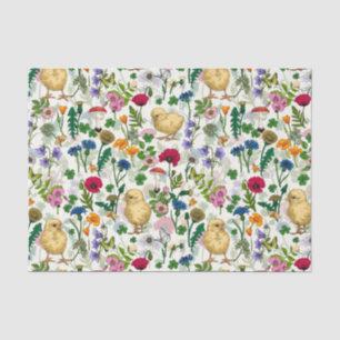 Papel De Seda Pollos y flores silvestres en blanco roto