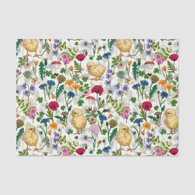 Papel De Seda Pollos y flores silvestres en blanco roto (Anverso)