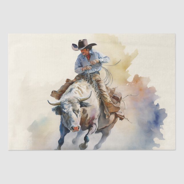 Papel De Seda Polvorienta acuarela occidental "Rodeo Bull Rider" (Anverso)