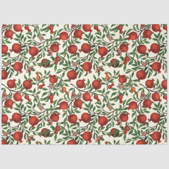 Papel De Seda Pomegranatos y Bella Moths sobre blanco roto (Anverso)
