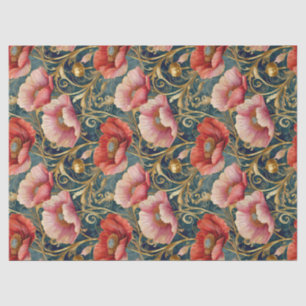 Papel De Seda Poppies dorados rojos y rosados, patrón de Allover