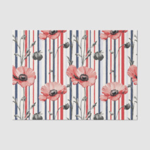 Papel De Seda Poppies rojos con hojas azules y patrón rayado