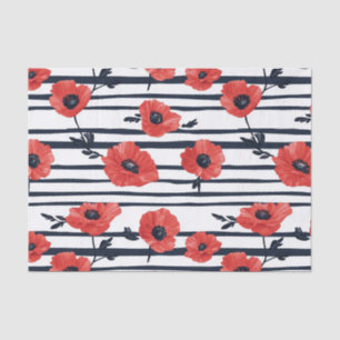 Papel De Seda Poppies rojos con hojas azules y patrón rayado 3