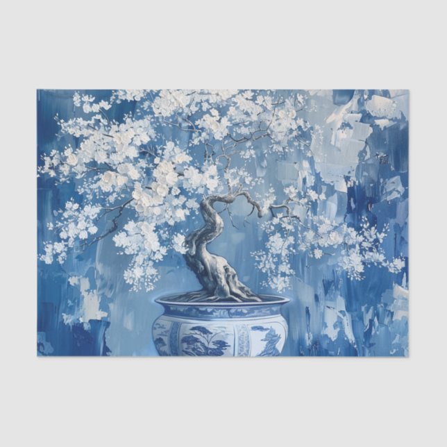 Papel De Seda Porcelana azul y blanca Chinoiserie Cherry (Anverso)