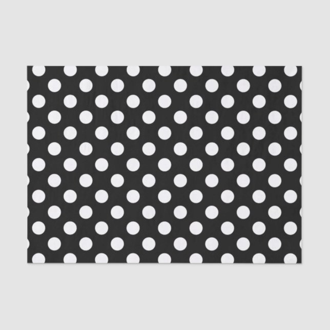 Papel De Seda Pos de polka blanco sobre negro (Anverso)