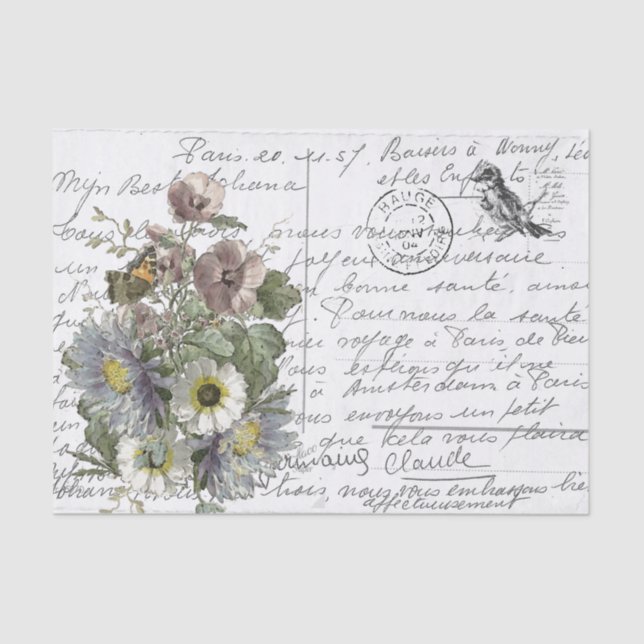 Papel De Seda Postal de pájaro con flores de época de escritura  (Anverso)
