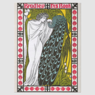 Papel De Seda Póster Antiguo Art Nouveau de Mujer y Pavo Real