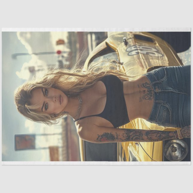 Papel De Seda Poster desahuciada de la Moda rubia y su auto musc (Anverso)