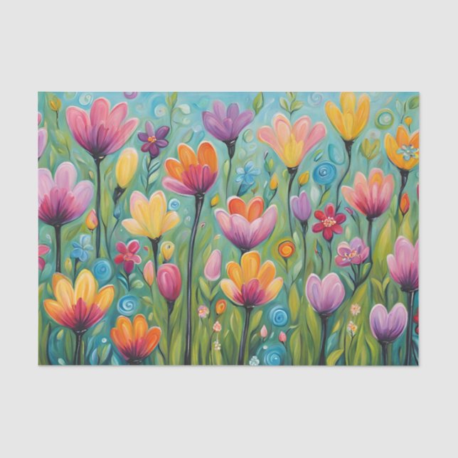 Papel De Seda Pradera de flores caprichosas que florecen flores  (Anverso)