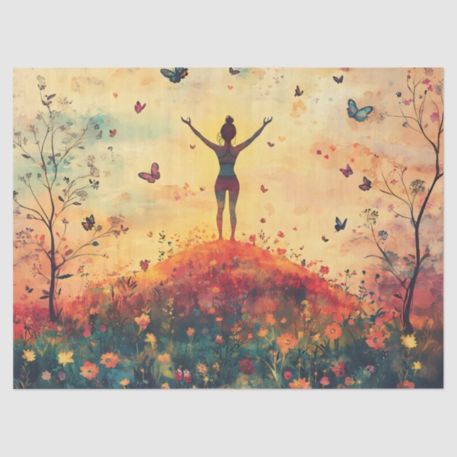 Papel De Seda Pradera del Atardecer Meditación con Mariposas (4) (Anverso)