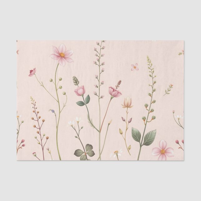 Papel De Seda Prado Botánico de Flores Silvestres Delicadas Rosa (Anverso)