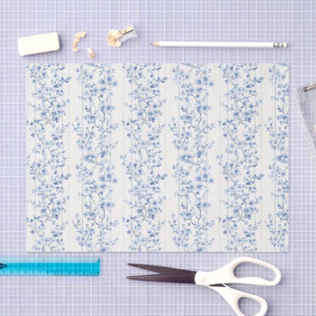 Papel De Seda Preciosa Despedida de Soltera Floral Blanco Azul  (Artesanía)