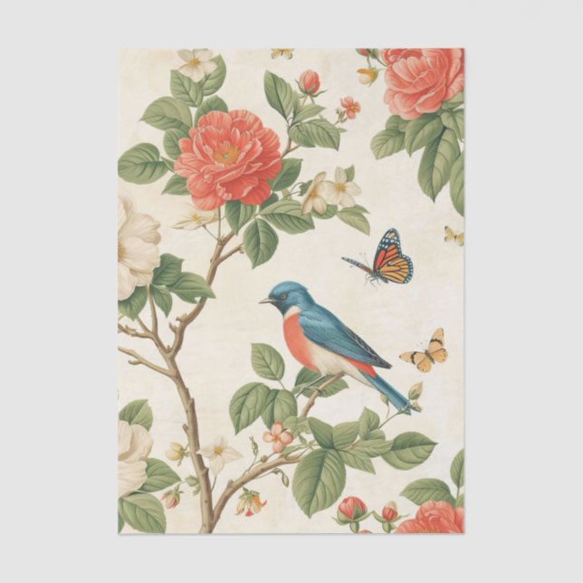 Papel De Seda Pretty Bird and Butterflies with Peony Branches (Anverso)