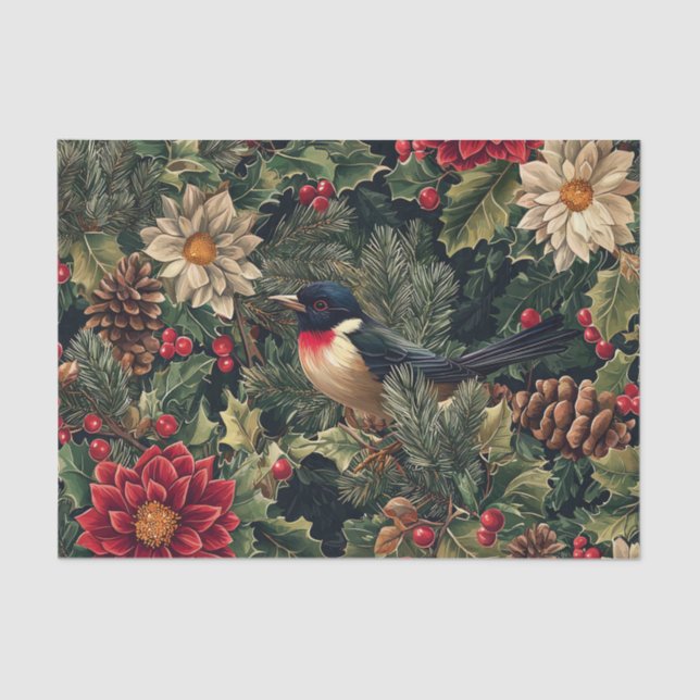 Papel De Seda Pretty Bird on Pine Tree Branches with Flowers (Anverso)