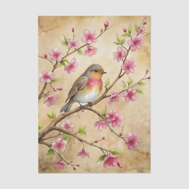 Papel De Seda Pretty Bird Perched on Pink Floral Branch (Anverso)