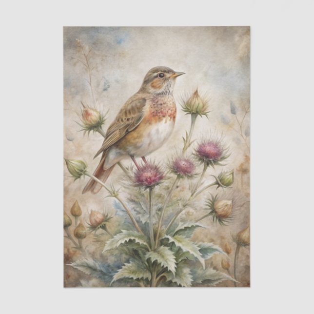 Papel De Seda Pretty Bird Perched on Purple Thistle Flowers (Anverso)