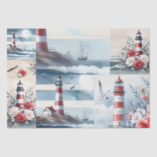 Papel De Seda Pretty Coastal Christmas Lighthouse Collage  (Anverso)