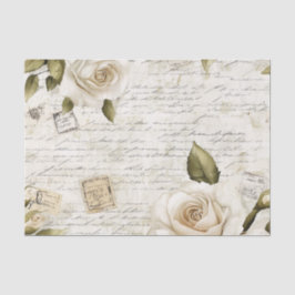 Papel De Seda Pretty Ivory Roses on Simulated Text and Stamps