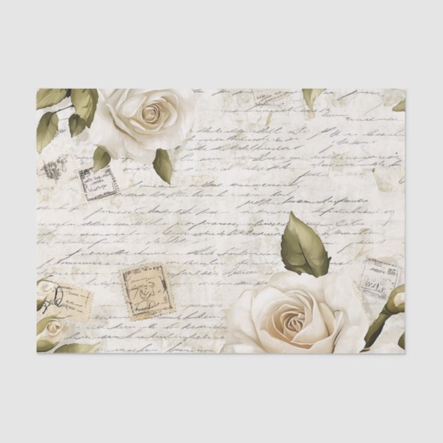 Papel De Seda Pretty Ivory Roses on Simulated Text and Stamps (Anverso)