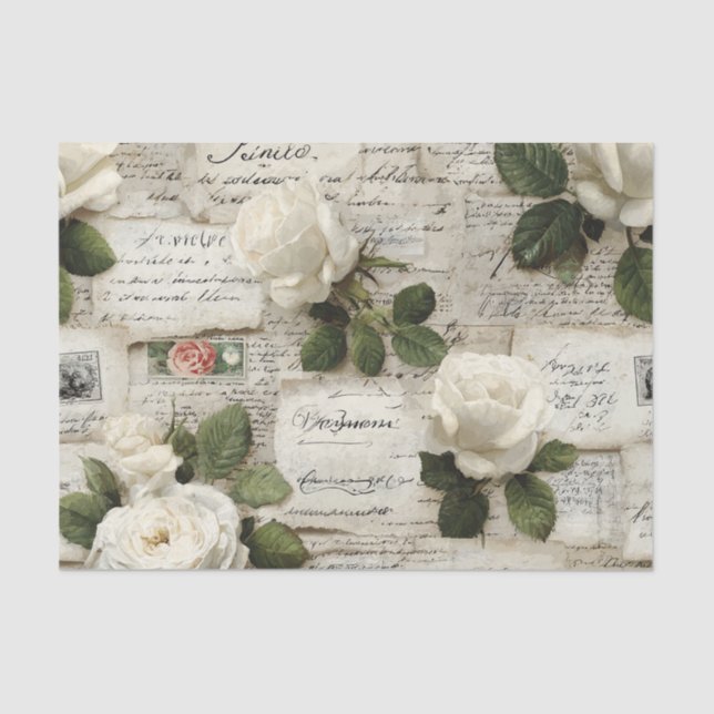 Papel De Seda Pretty Ivory Roses with Simulated Text and Stamps (Anverso)