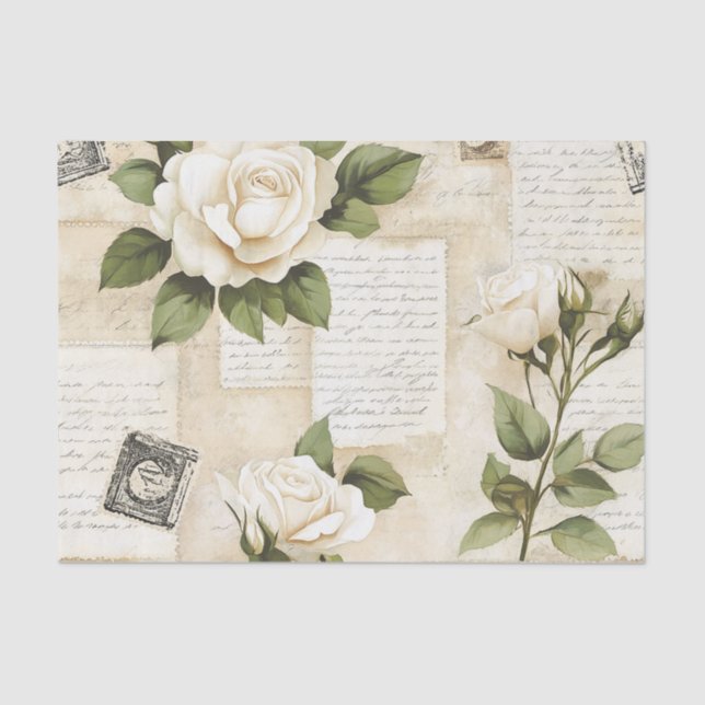 Papel De Seda Pretty Ivory Roses with Simulated Text and Stamps (Anverso)