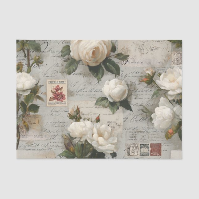 Papel De Seda Pretty Ivory Roses with Simulated Text and Stamps (Anverso)