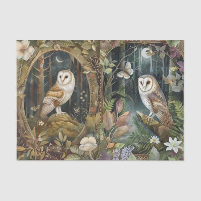 Papel De Seda Pretty Pair of Barn Owls in the Forest Moonlight (Anverso)