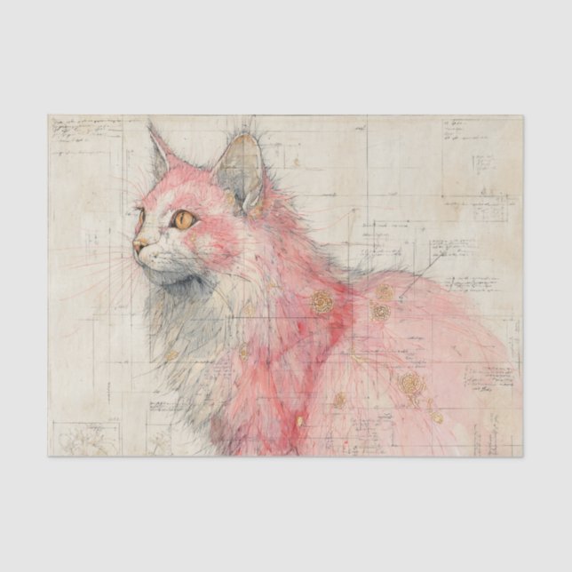 Papel De Seda Pretty Pink Cat and Lines Illustrated on Parchment (Anverso)