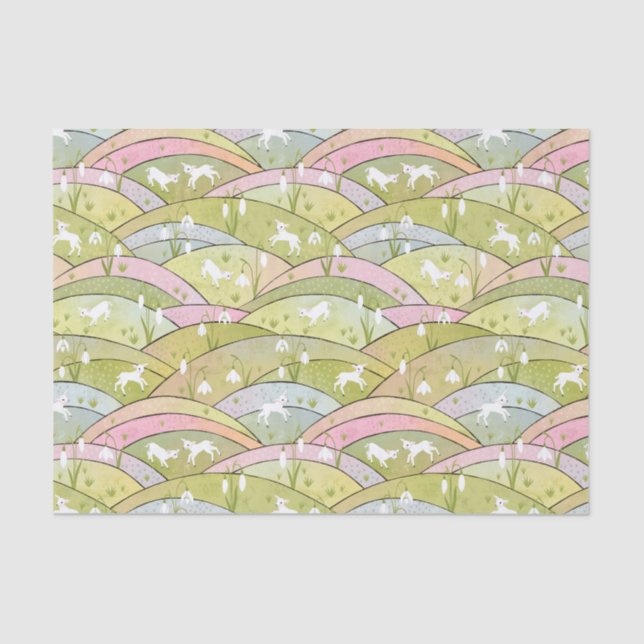 Papel De Seda Primavera de las colinas con cabras y gotas de nie (Anverso)
