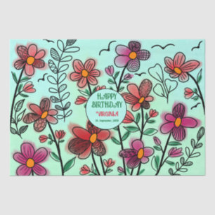 PAPEL DE SEDA PRIMAVERA ÚNICA DOODLE ROJO FLORES CUMPLEAÑOS