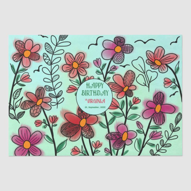 PAPEL DE SEDA PRIMAVERA ÚNICA DOODLE ROJO FLORES CUMPLEAÑOS (Anverso)
