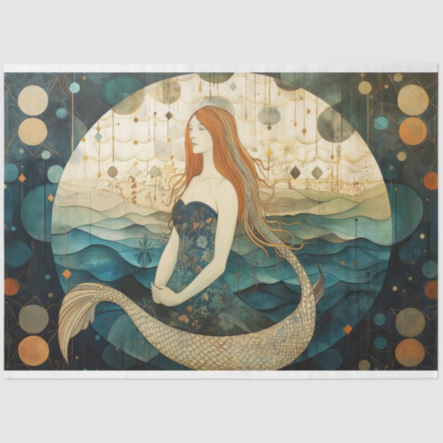 Papel De Seda Primitiva Mermaid Red Hair Decoupage Celeste (Anverso)
