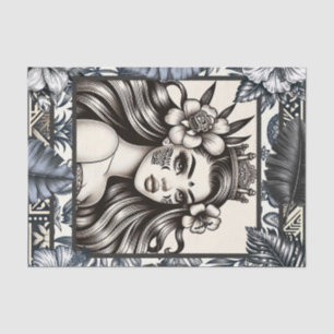 Papel De Seda Princesa Polinesia Floral Azul Tribal