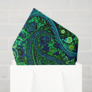 Papel De Seda Profusión de Paisley Floral Vibrante Azul Verde