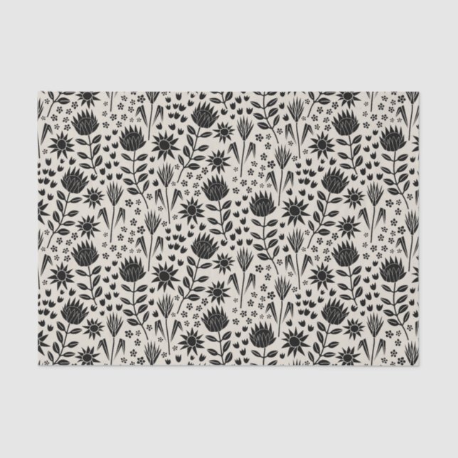 Papel De Seda Protea Floral Block Print Millefleur Ropa negra (Anverso)