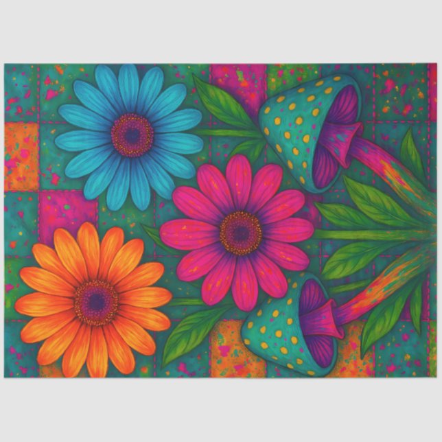 Papel De Seda Psychedelic Flowers & Mushrooms Decoupage (Anverso)