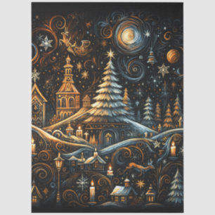 Papel De Seda Pueblo navideño abstracto Dibujo en tiza Cielo noc