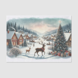 Papel De Seda Pueblo navideño nevado con ciervos