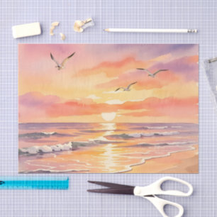 Papel De Seda Puesta de sol en la playa con pájaros