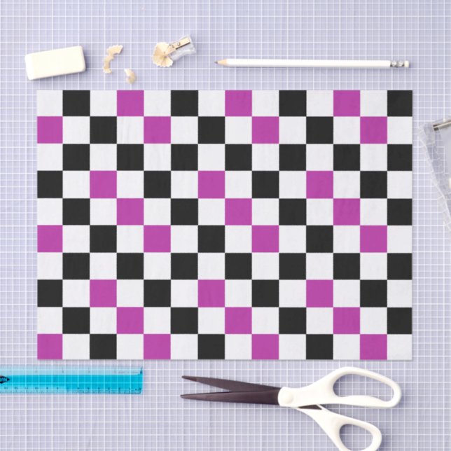 Papel De Seda Purple Black White Checkered Pattern Design  (Artesanía)