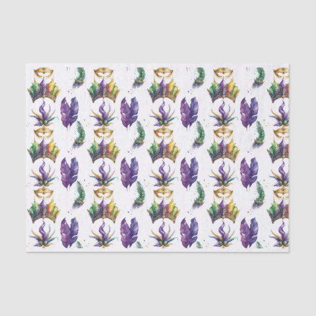 PAPEL DE SEDA PURPLE GREEN GOLD MARDI GRAS MASKS FEATHERS (Anverso)