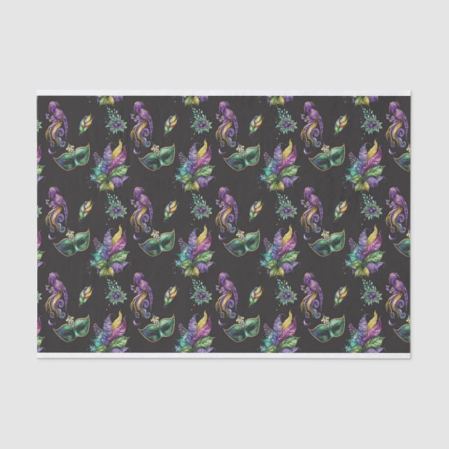 PAPEL DE SEDA PURPLE GREEN GOLD MARDI GRAS MASKS FEATHERS (Anverso)