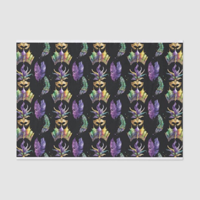PAPEL DE SEDA PURPLE GREEN GOLD MARDI GRAS MASKS FEATHERS (Anverso)