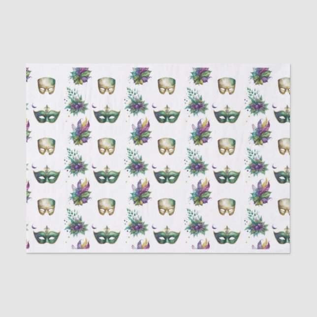 PAPEL DE SEDA PURPLE GREEN GOLD MARDI GRAS MASKS FEATHERS (Anverso)