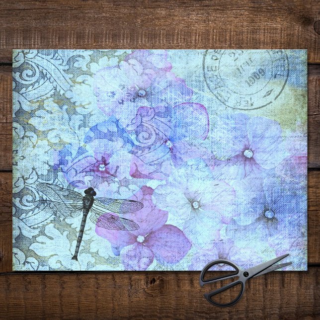 Papel De Seda Purple Hydrangea Dragonfly Postmark Decoupage (Subido por el creador)